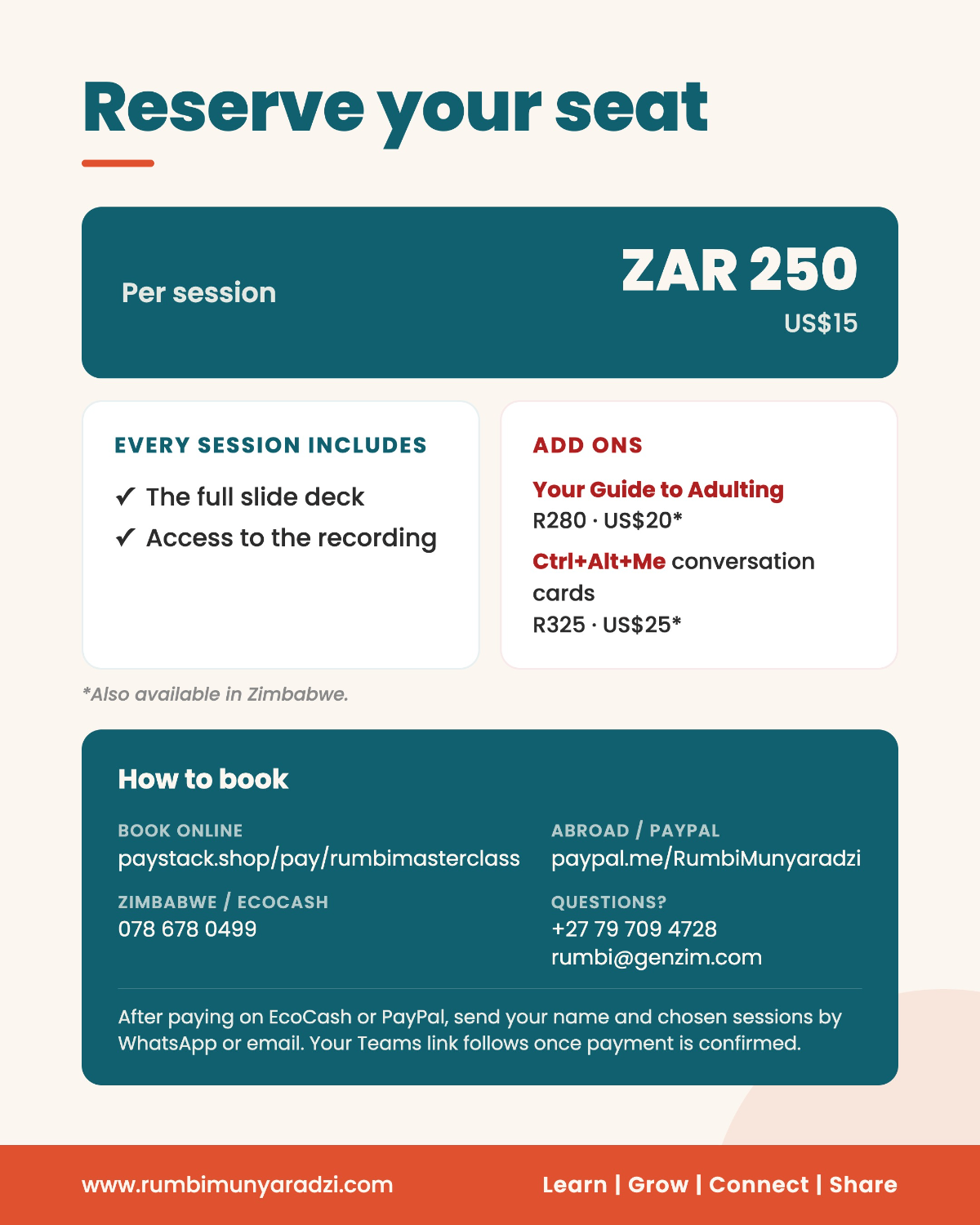 Reserve your seat - pricing and how to book